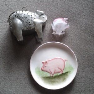 Trio of Pigs - Metal , Glass Paperweight + Plate